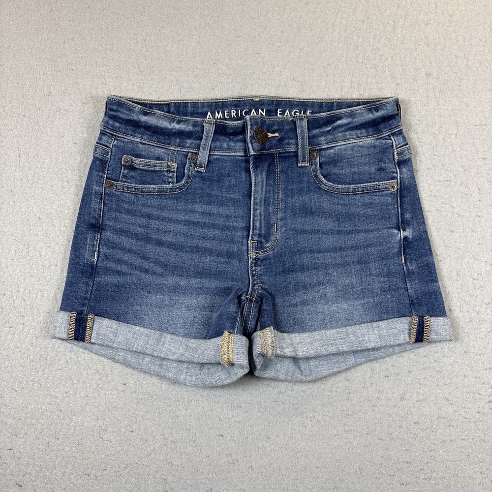American Eagle Women's Blue Denim Midi Shorts US 0 Next Level Stretch Cuffed